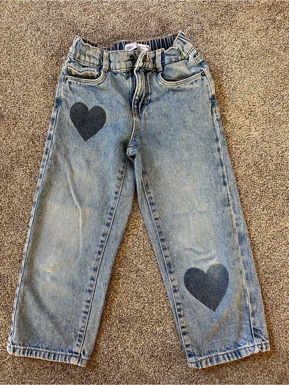 Zara Light Blue Straight-Leg Jeans with Dark Heart Patches